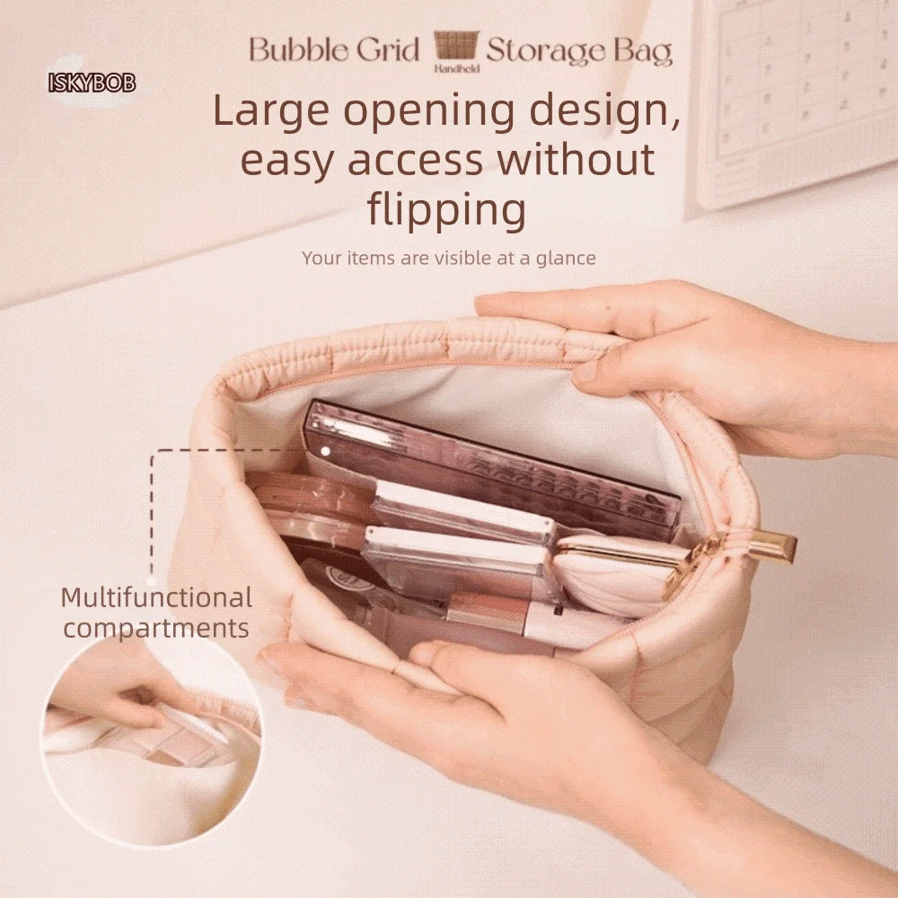 

Elegant Puffy Quilted Padded Makeup Bag Large Capacity Storage Bag Cotton Clutch Bag Solid Color Handbag Cosmetic Bag Outdoor