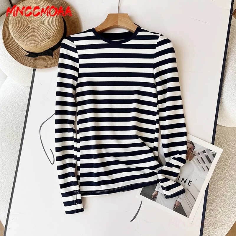 Women T-Shirt 2024 New Autumn Female Casual Slim Long Sleeves Stripes Cotton Tees Tops