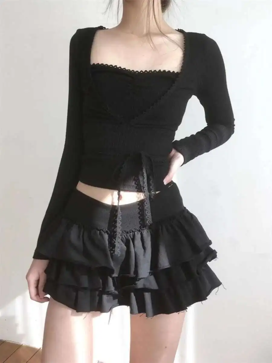 Słodka i pikantna spódnica baletowa o długości do połowy łydki z elastyczną talią i koronkowym dołem, rozkloszowana spódnica typu \"cake-aped\" dla młodych kobiet 8PO5