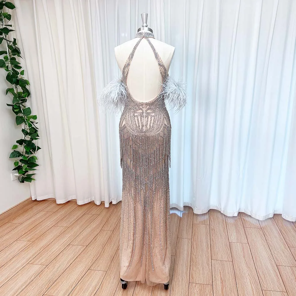 Luxury Beads Tassel Feather Mermaid Evening Dress for Women 2024 High Neck Crystal Long Formal Prom Wedding Pary Gown Customized