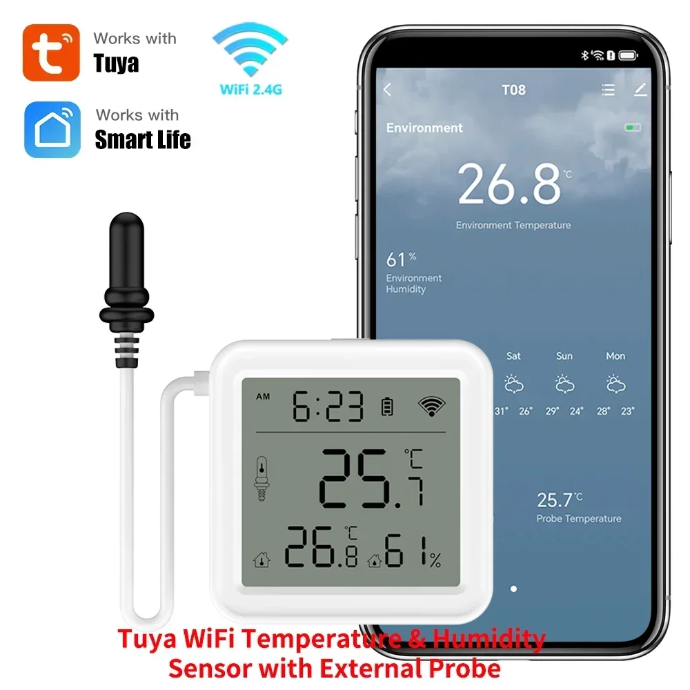 

Датчик температуры и влажности Tuya Wi-Fi с внешним зондом для умного дома, гигрометр, приложение для мониторинга растений, аквариума, виноделия