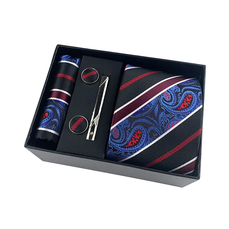 HUISHI-Conjunto de corbata de lujo para hombre, caja negra, corbata de Cachemira, pañuelo, gemelos, juego de clips, corbatas de cuello azul oscuro