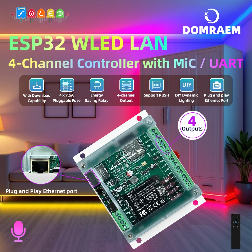 DOMRAEM 4-Kanal ESP32 Ethernet WLED-Controller für DIN-Schienenmontage, 30A 4x7,5A Unabhängige Sicherungen, WiFi Musik-Sync WS2811/12 RGBIC Streifen DIY – Detail 2