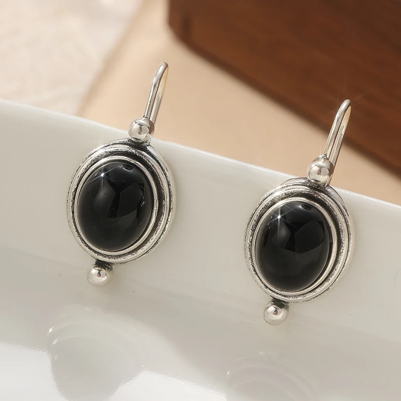Schlichtes Design, Imitation von schwarzem Onyx, Mondstein, Retro-Anhänger, Ohrringe, feiner, einzigartiger Schmuck, Geschenke für Frauen