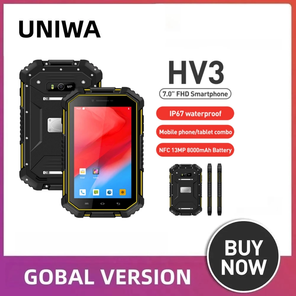 UNIWA HV3	IP67 Waterproof Smartphone 7.0 Inch FHD Android 9.0 4GB RAM 64GB ROM NFC Mobile Phone 13MP 8000mAh Battery Cellphone