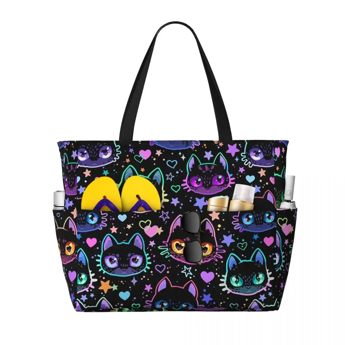 Bolso de mano grande con siluetas de gatos coloridos, diseño de gatos negros de dibujos animados, para playa, deporte, gimnasio, yoga, bolsa de viaje para mujer, bolsa de fitness