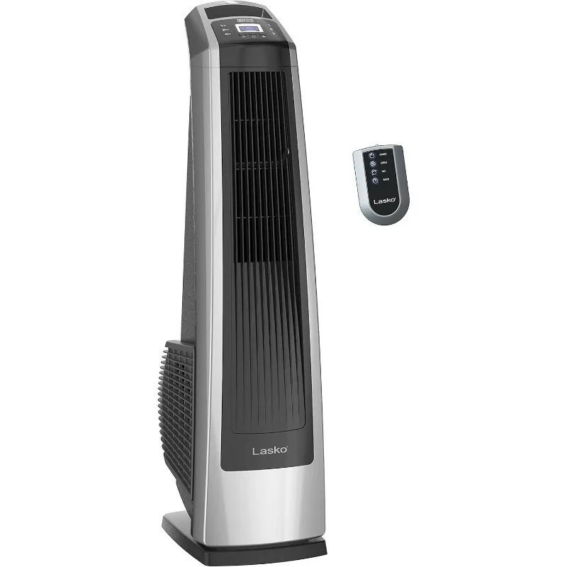 

Высокоскоростной качающийся башенный вентилятор Lasko с дистанционным управлением, таймером, 3 мощными скоростями, 35 дюймов, серебристый/черный, U35115