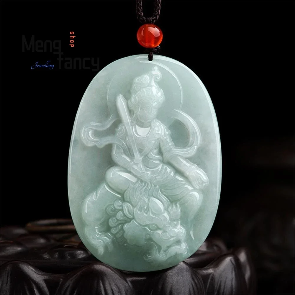 Natural Myanmar A-goods Jadeite Manjushri Buddha Pendant Simple Exquisite Buddhist Amulets Handicraft Charm Fashion Fine Jewelry