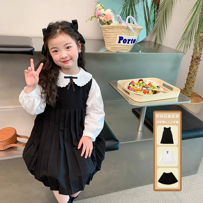 Children Sets 2023 Spring Blouse Turn-down Collar Pullover Skirts A-line Above Knee Length Ruched Sweet Fashion Designable Girls