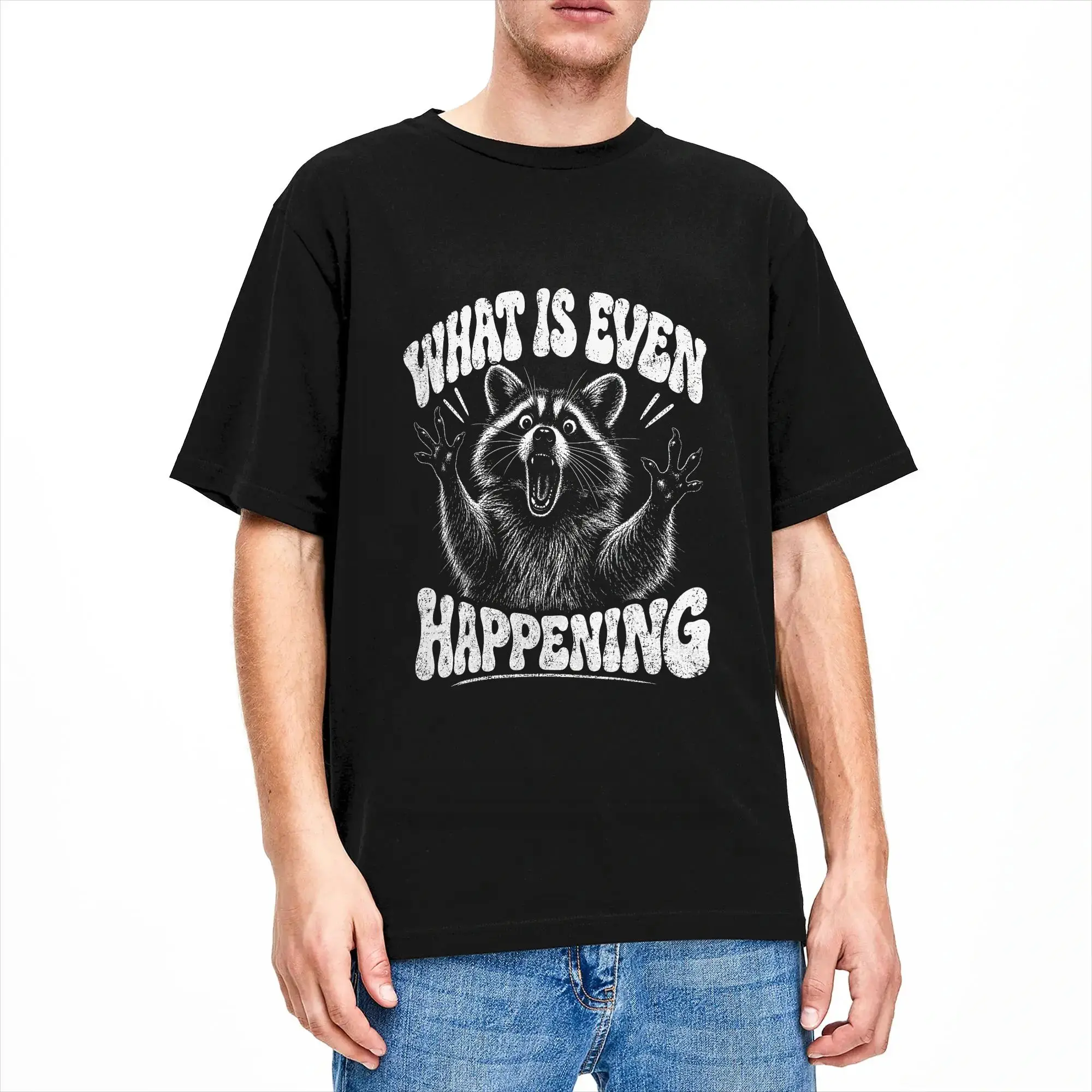 Men T-Shirt Funny What is Even Happening Raccoon Confused Animal Humor Vintage 100% Cotton Tee Shirt Short Sleeve  T Shirt