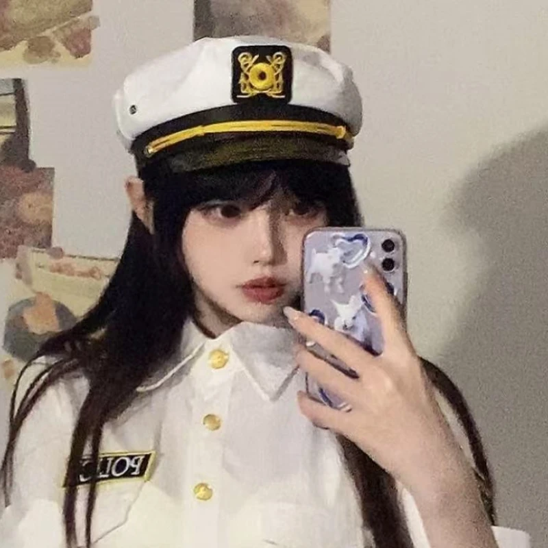 جديد المرأة القبعات الرجعية النمط البريطاني المطرزة البحرية قبعة الرغبة النقية مثير موحدة قبعة كبيرة حافة المرأة بحار قبعة