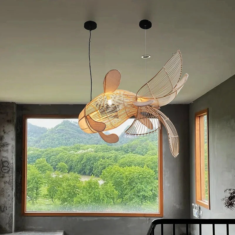 Japanese Style Fish Shaped Pendant Light  New Restaurant Living Room Japanese Rattan Woven Atmosphere Fish Shaped Pendant Light