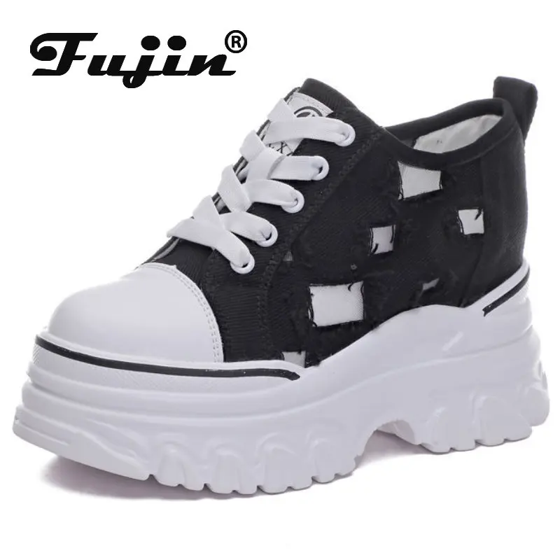 

Fujin 9cm New Canvas Genuine Leather Women Chunky Sneakers Platform Women Vulcanized Lady High Top Summer Air Mesh Casual Shoes