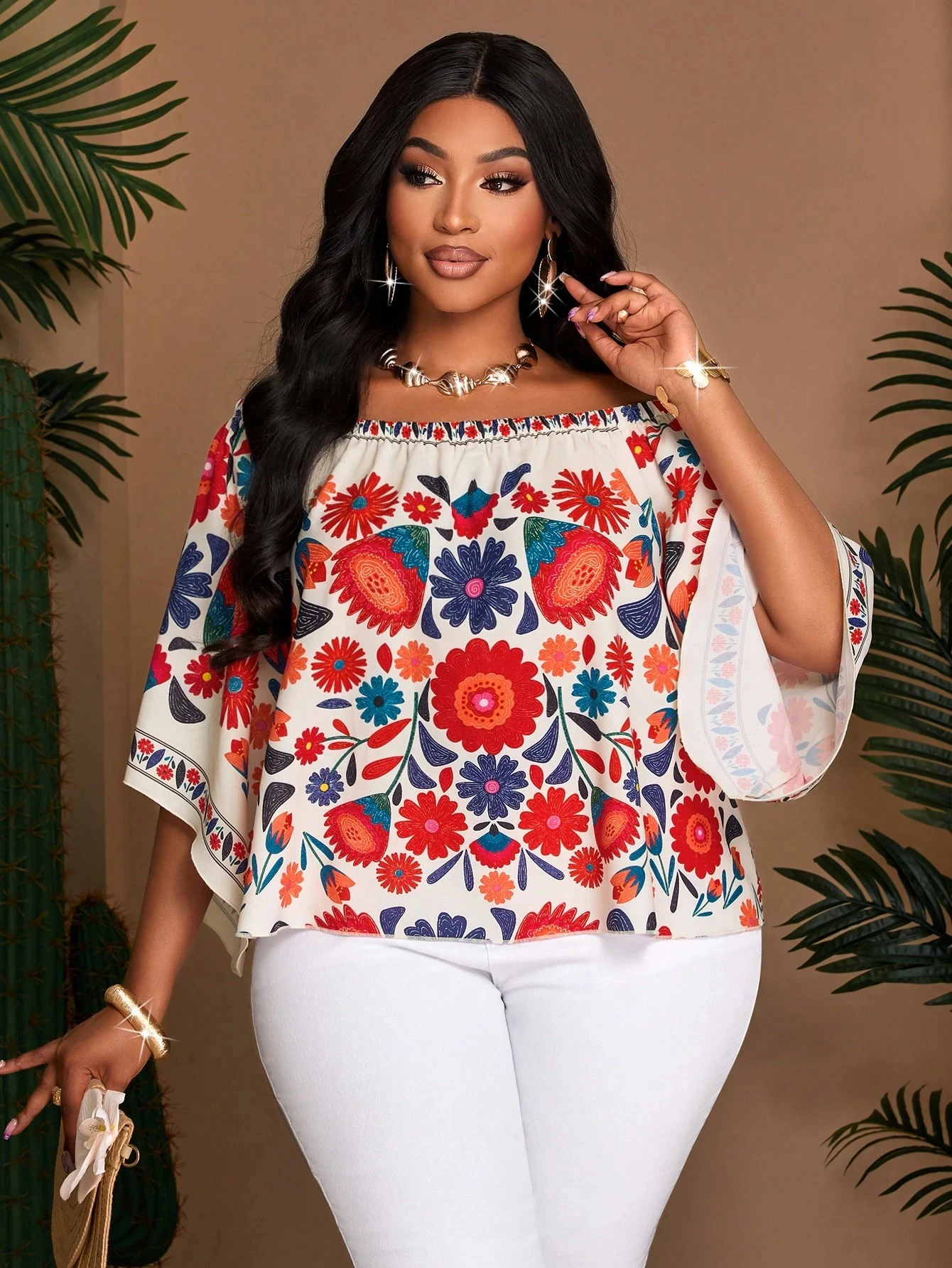 Plus Size Women Off Shoulder Blouse Bohemian Floral Print Flare Sleeve Casual Loose Tops Summer Holiday Party Shirt image 3