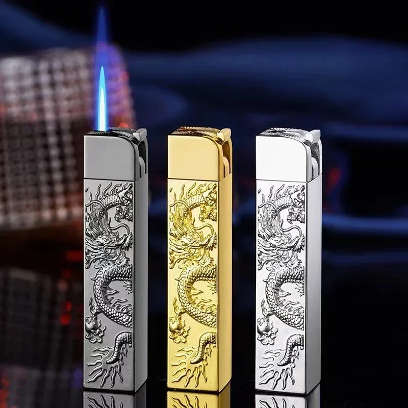 

Windproof Straight-Through Lighter Creative Double-Sided Embossed Slim Long Butane Gas Cigarette Lighter Portable Smoking Set