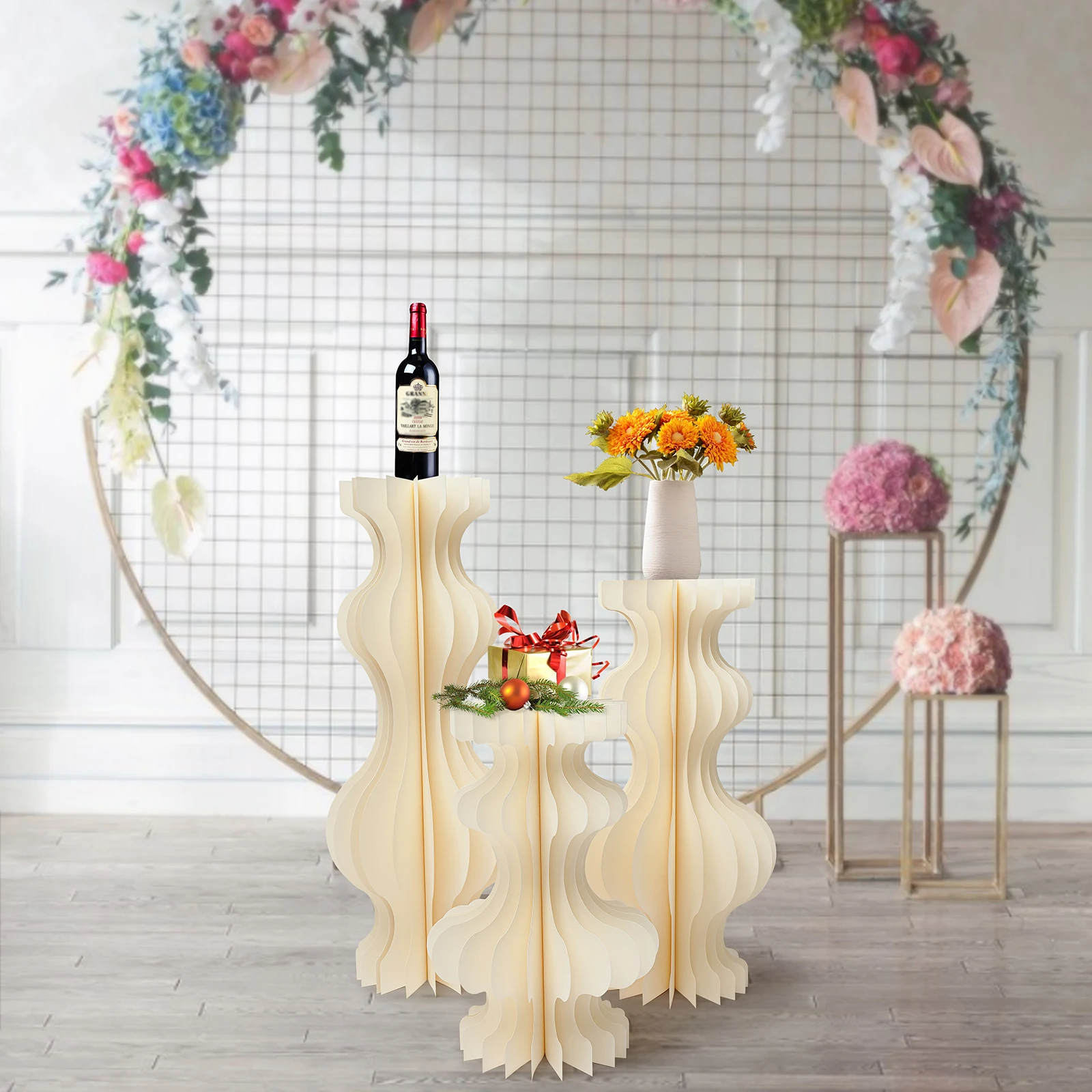 3PCS Curved Wedding Party Flower Stand Cylinder Foldable Cardboard Centerpiece Dessert Table Column Display Stand 60+80+100cm