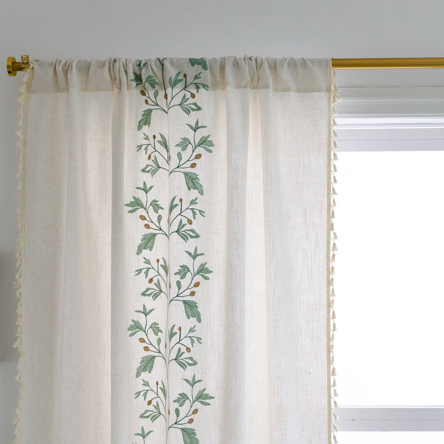 Boho Floral Curtains, Bohemian Country Farmhouse Window Treatment Cotton Linen Drape with Tassels for Bedroom, Rod Pocket
