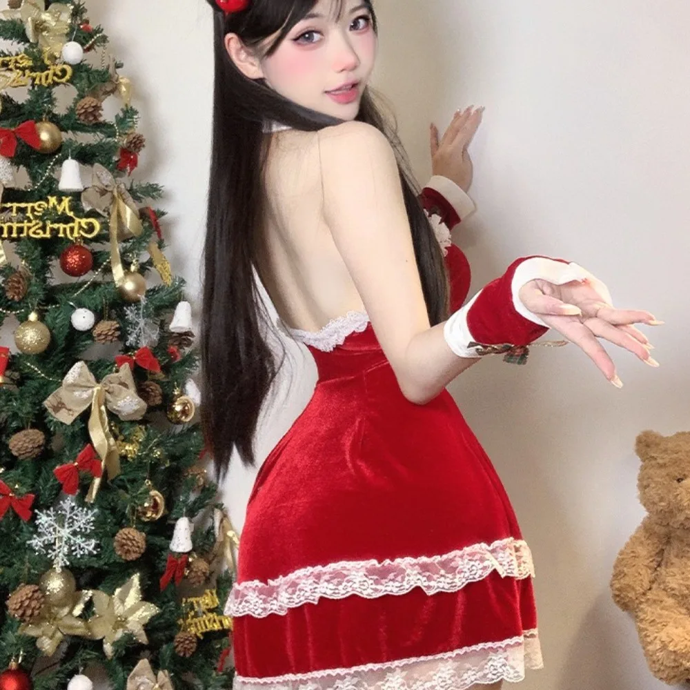 女性用クリスマスコスチューム フェイクファー付き レッドフランネル アンダーワイヤーブラ コルセット セクシーバスティエ キャミクロップトップ クリスマスパーティー レイブドレスアップ