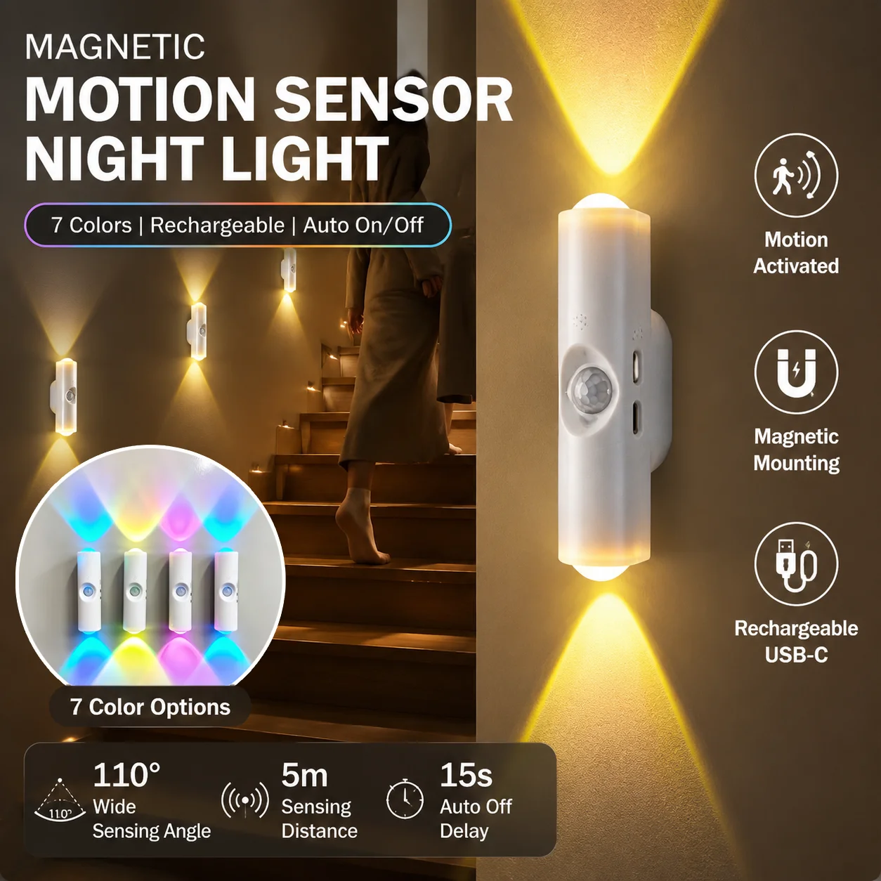 Motion Sensor Night Light Rechargeable Magnetic Wireless Wall Lamp Double Head LED for Bedroom Bathroom Corridor Stairs