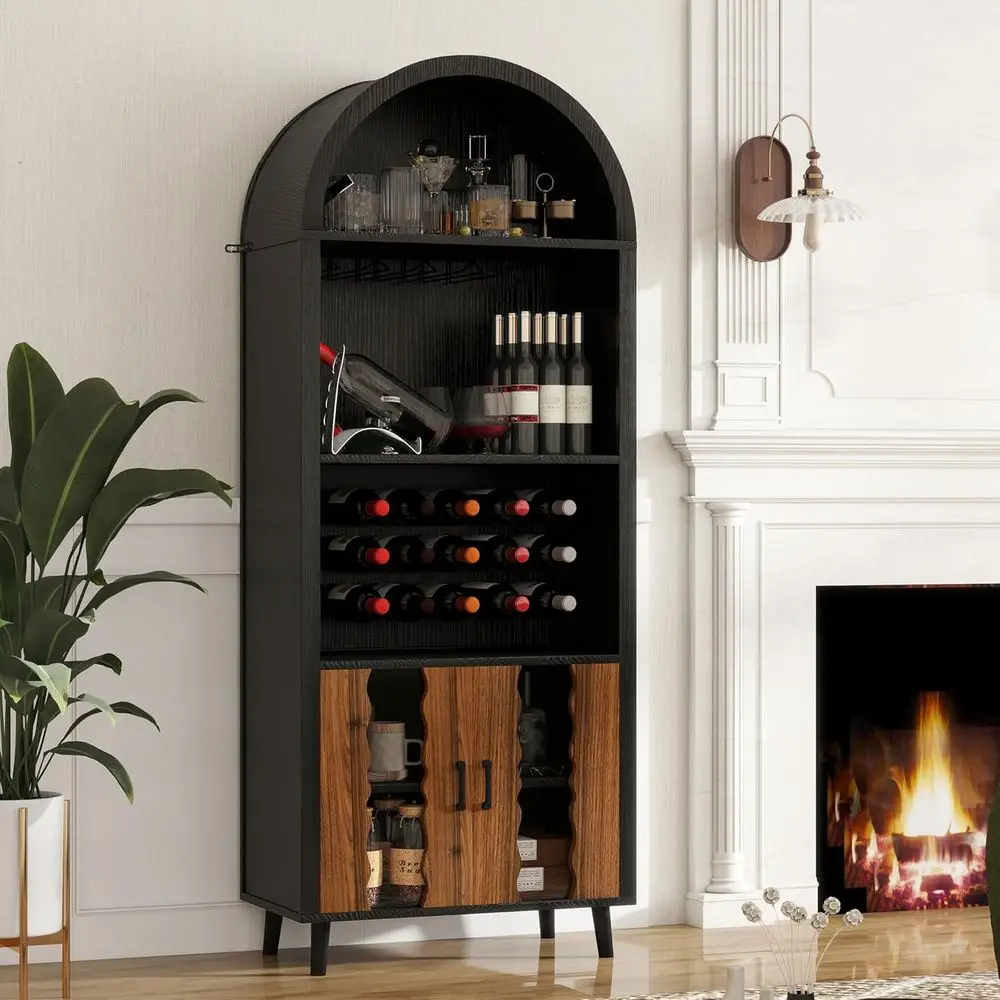 

71 Arched Top Bar Cabinet with Wine Rack, Glass Holder for Multi-Function Living and Dining Rooms