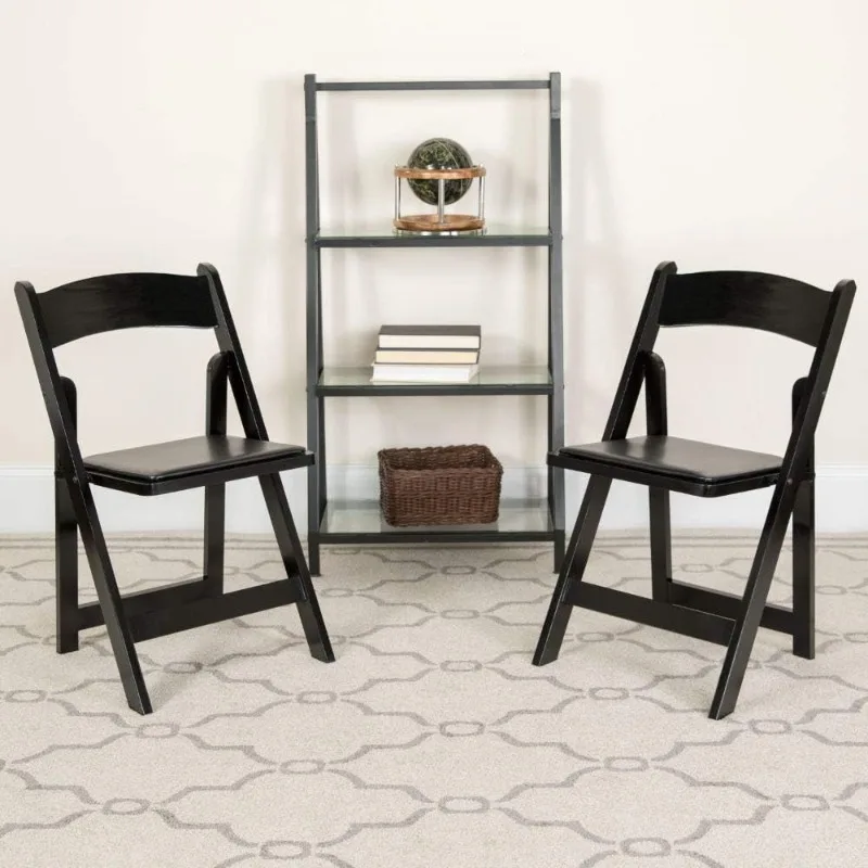 2 Pack HERCULES Series Black Wood Folding Chair with Vinyl Padded Seat