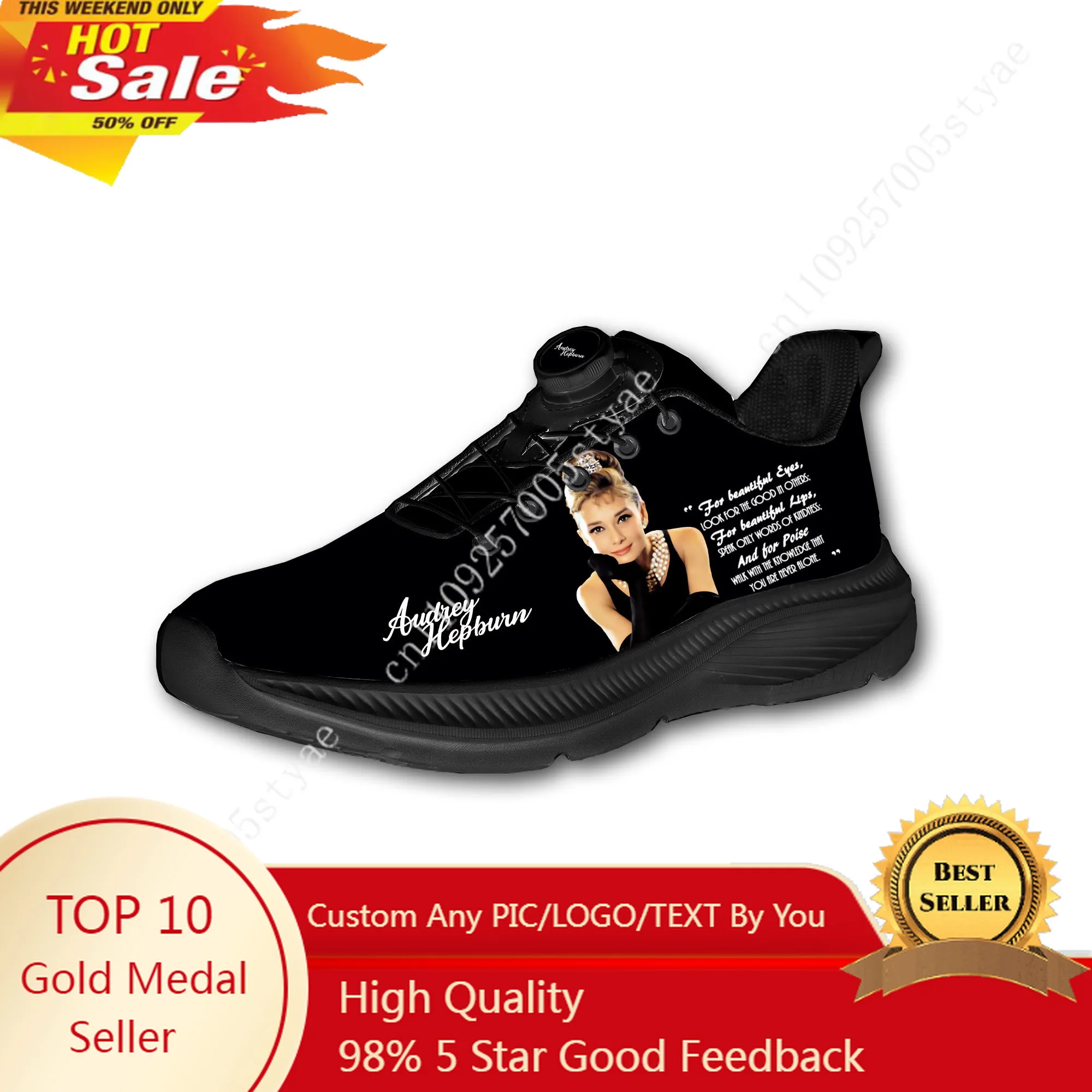 

Audrey Hepburn Mens Womens Running Off-road Shoes Laceless Rotating Button Sports Shoe Hiking Leisure Custom Sneaker
