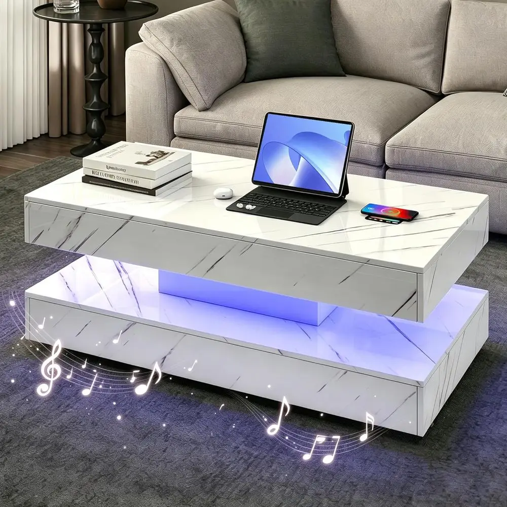 47.2 LED Smart Coffee Table with Bluetooth Speaker, Wireless Charging, High Gloss Marble Print, 2 Storage Drawers, RGB Light Con