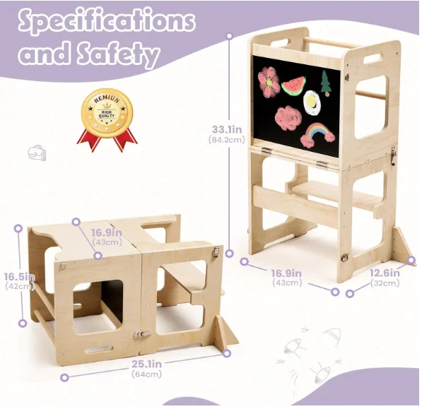 Foldable Learning Standing Tower with Blackboard, Anti-tip Structure Design,Wooden Kitchen Step Helper Stool