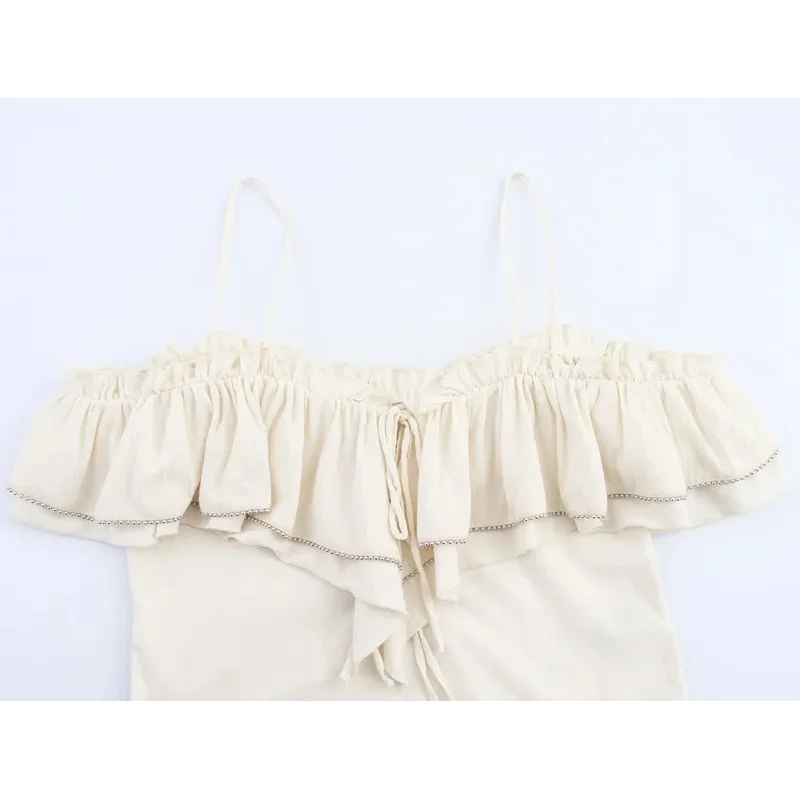 

Women's Off-Shoulder Ruffled Camisole Beaded Bowknot Cropped Top Solid Color Casual Fashion Summer Holiday 2025