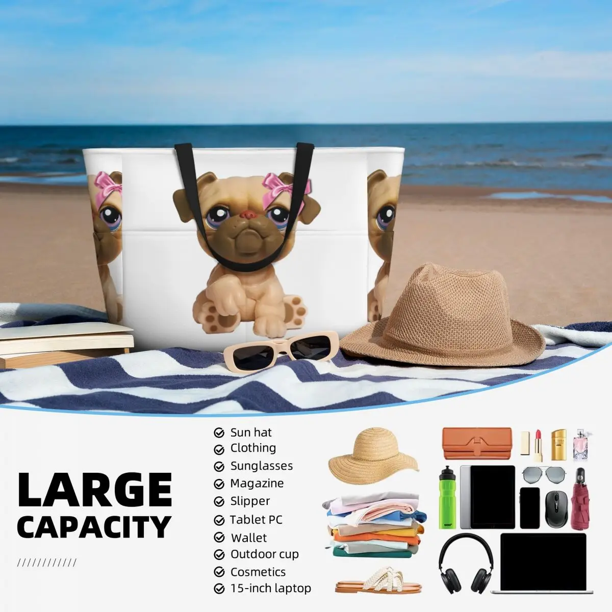 Coquette Littlest Pet Shop LPS Bulldog 451 Praia Sacola Esporte Ginásio Yoga Duffle Grande Sacola Mulheres Bolsa de Viagem Bolsa de Fitness