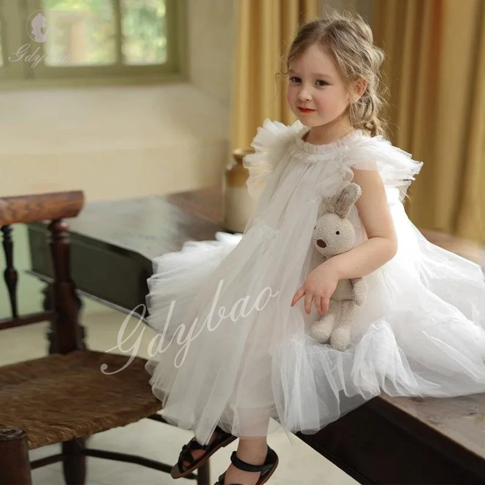

2025 Romantic White Tulle Kids Princess Gown Beauty Pageants For Girl Birthday Dresses Party Sleeveless Fluffy Host Costume
