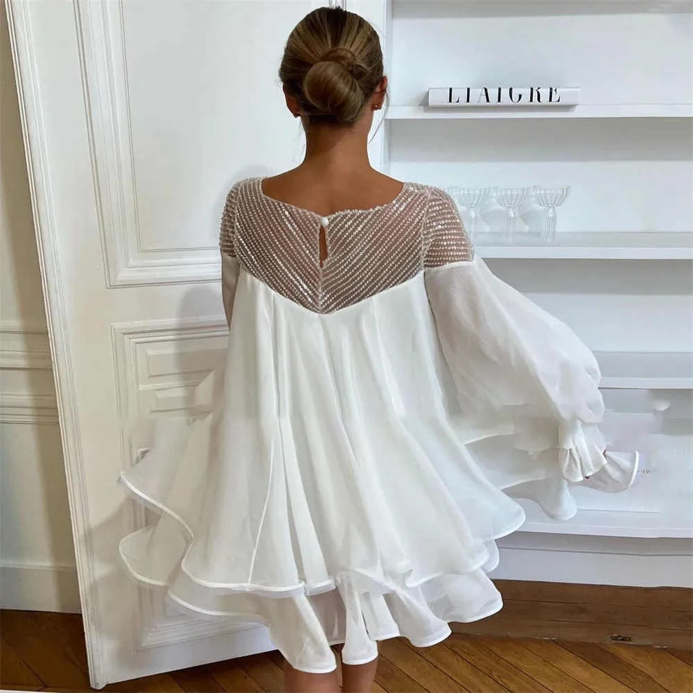 Mini Wedding Dresses A-Line Round Neck Long Sleeve Loose Knee-Length Wedding Dresses for Bride Bridesmaid Party Banquet Holiday