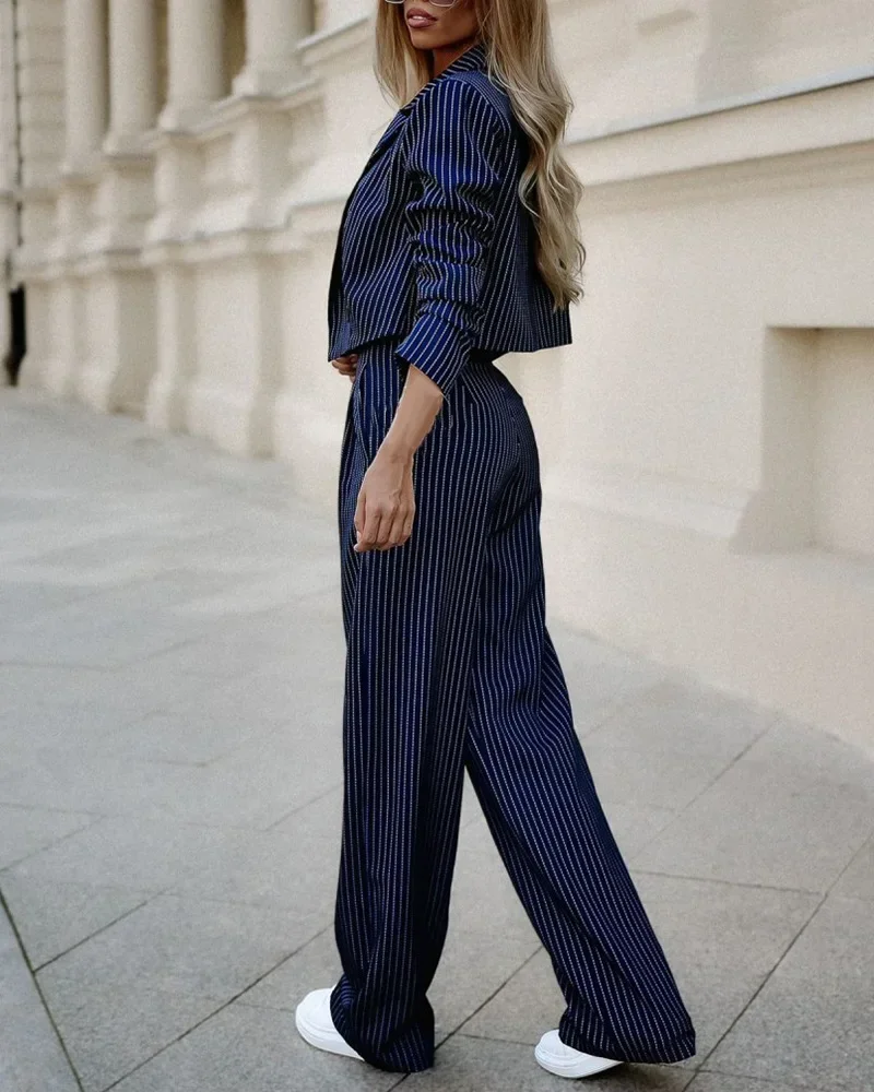 Striped Blazer Coat & Straight Leg Pants Set Women Coats Pant Sets Two Piece Suit Turn Down Collar Jackets Midi Waist Trousers