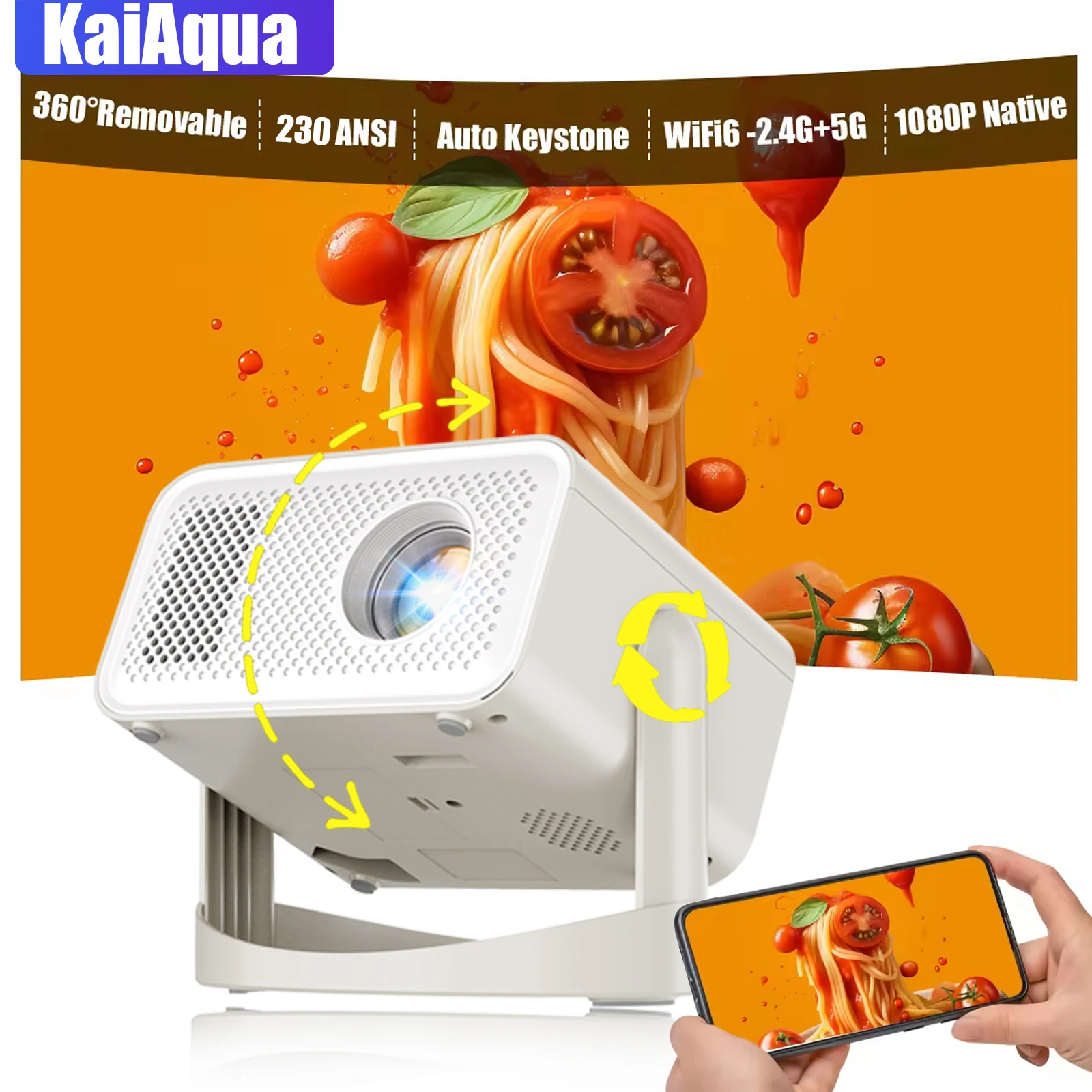

KaiAqua 4K 650ANSI HT23 Plus Native Portable Projector 1080P Auto Focus Keystone Correction BT5.2Android11WIFI6 360° Home Cinema