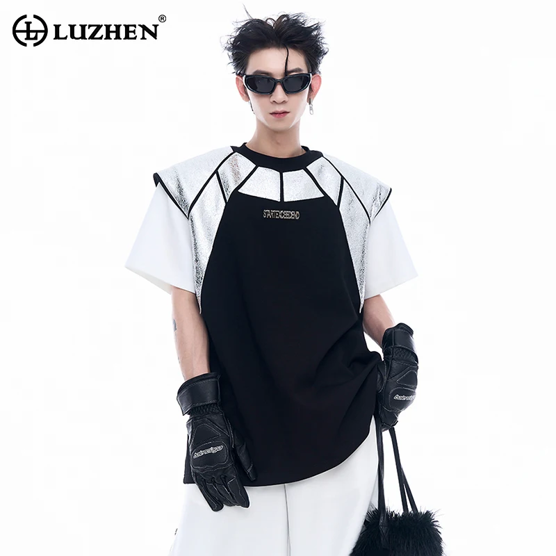 LUZHEN Original Fashion Patchwork Leather Design Short Sleeve T Shirts Fashion Men's Tops Korean High Quality Clothing LZ4425