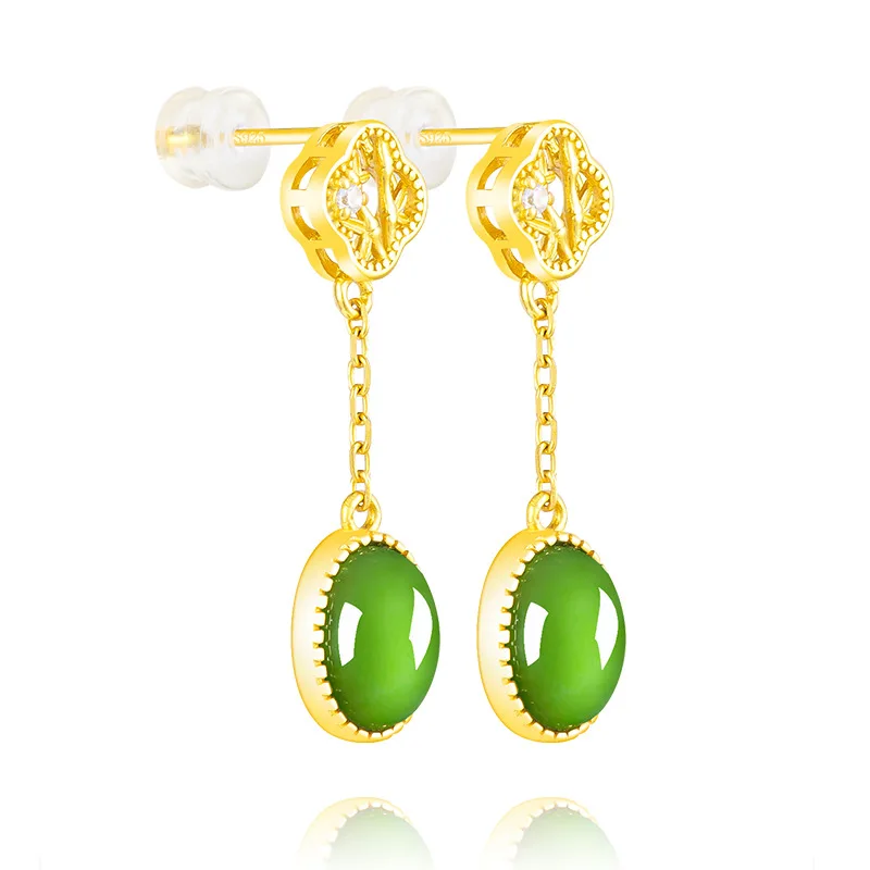 Anting wanita bahan lama hijau bayam alami, anting-anting Jasper giok S925 perak Jadeite Set perhiasan sederhana Drop Ship