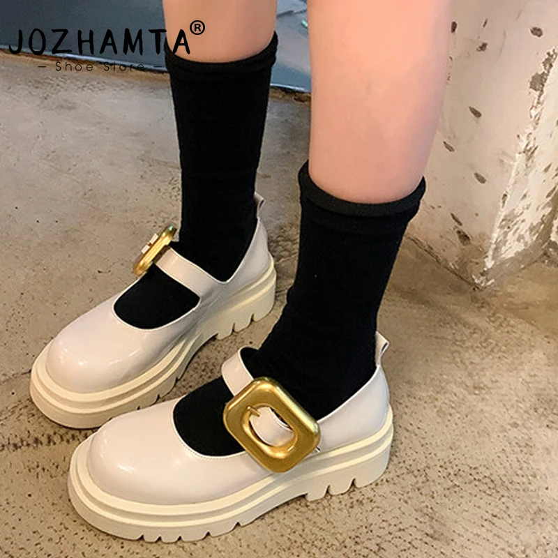 

JOZHAMTA Size 34-40 Women Platform Pumps Real Leather Mid Thick Heels Shoes Metallic Buckle Strap Casual Office Lady 2024 Trendy