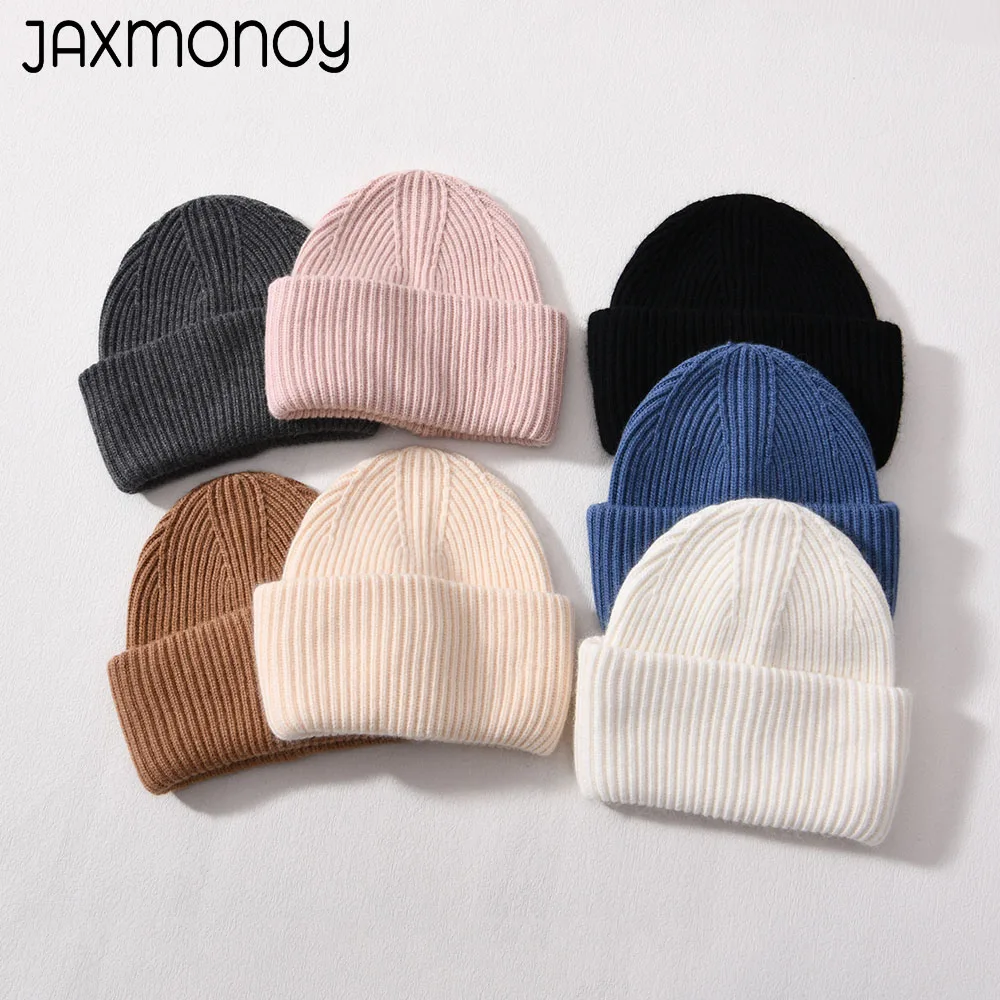 Jaxmonoy Cashmere Blend Beanie Hat Double Folded Warm Hats for Women Ladies Autumn Winter Fashion Solid Color Skullies & Beanies