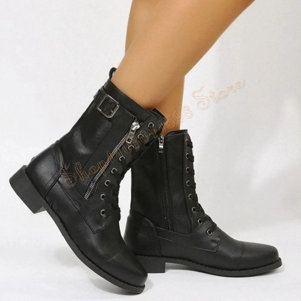 Black Lace-up Side Zipper Buckle Decor Boots Matte Leather High Heel Shoes for Women Ankle Heels 2024 New Zapatos Para Mujere