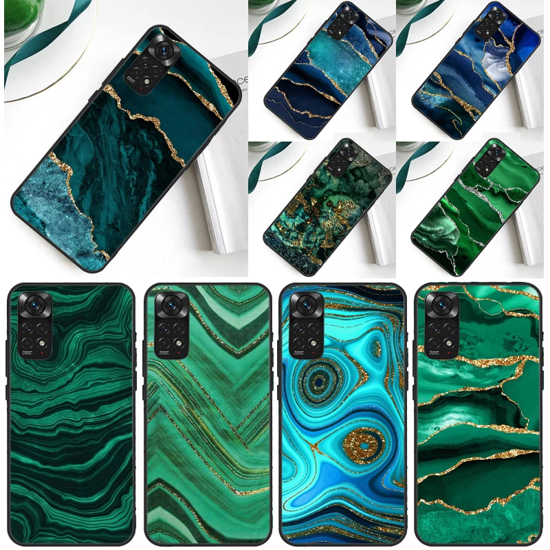 Gold Indigo Faux Malachite Case For Xiaomi Redmi Note 12 11 10 9 8 Pro 9S 10S 11S 12S Redmi 12C 9A 9C 10A 10C Coque