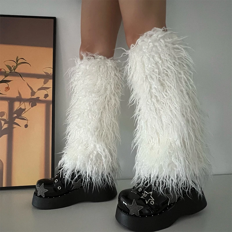 Neo Mint Pink Furry Leg Warmers Y2K Girls Punk Goth Faux Fur Legwarmers Women Boot Covers Knee Length Hipster Socks Fluffies