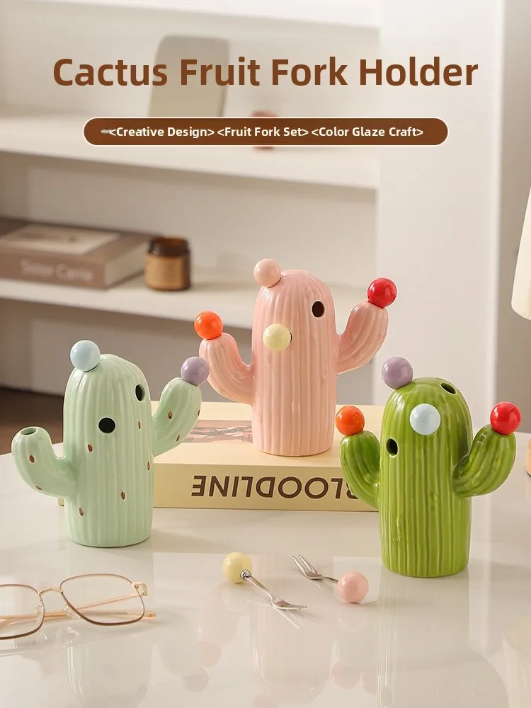 

Creative Cute Fruit Fork Set for Home Use Living Room High-End Cactus Fruit Fork Spoon Stainl Steel 304 Kitchen Diningware