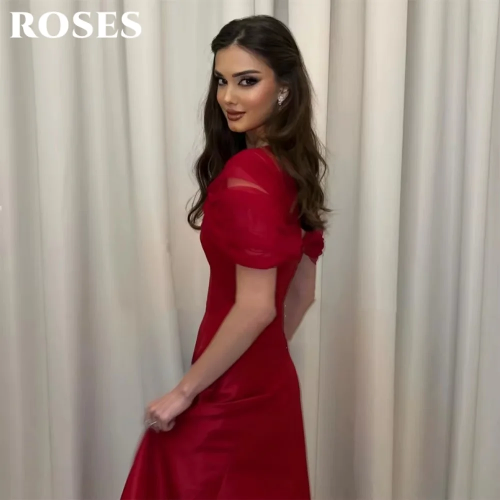 ROSES Burgundy Elegant Prom Dress V-Neck Short Sleeve Ball Gown A-Line Satin Formal Dresses vestido de fiesta de boda Customized image 2