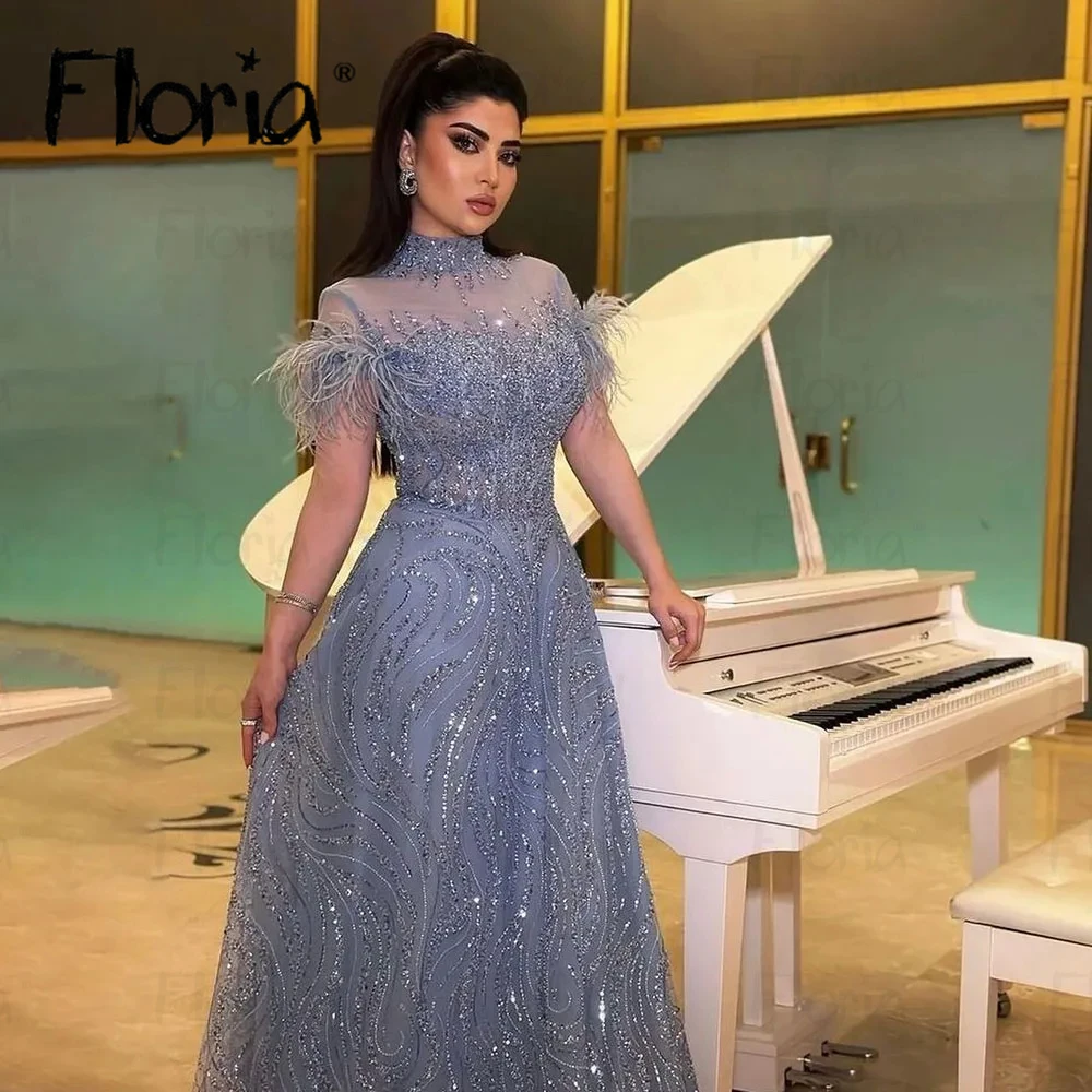 Arabic Blue Elegant A Line Celebrity Dress Feather Short Sleeve Formal Prom Dress Women Host Gowns Evening Event Dress Dubai