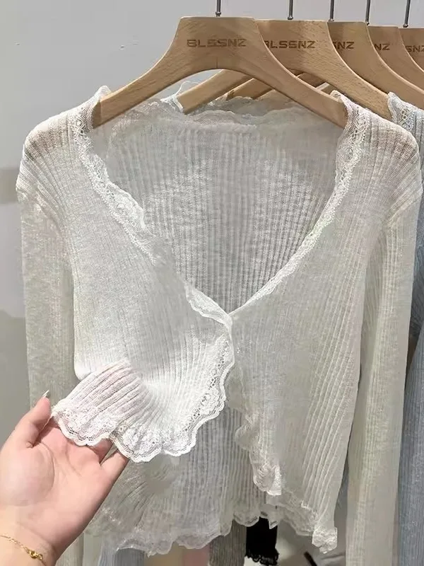 Lace Trim V-Ne Knitted Cardigan Women's Summer awl Outerwear Ice Silk Korean Sle Top Long Sve ort Length  Color