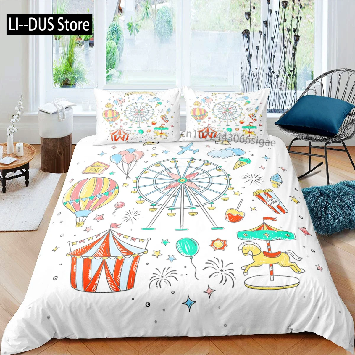 

Amusement Park Duvet Cover Set Polyester Ferris Wheel Ball Bedding Set Girl Cartoon Fairy Tale Queen Size 2/3pcs Comforter Cover