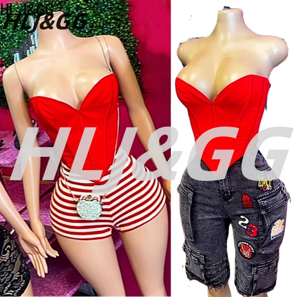 

HLJ&GG Y2K Fashion Cargo Shorts Jeans Two Piece Sets Women Off Shoulder Sleeveless Slim Corset + Denim Shorts Outfits Streetwear