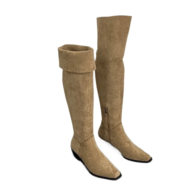 Women Elastic Slimming Suede Long Loots Autumn/Winter Fashion Female Square Toe Low Heel Over The Knee High Booties Botas Mujer - view 6