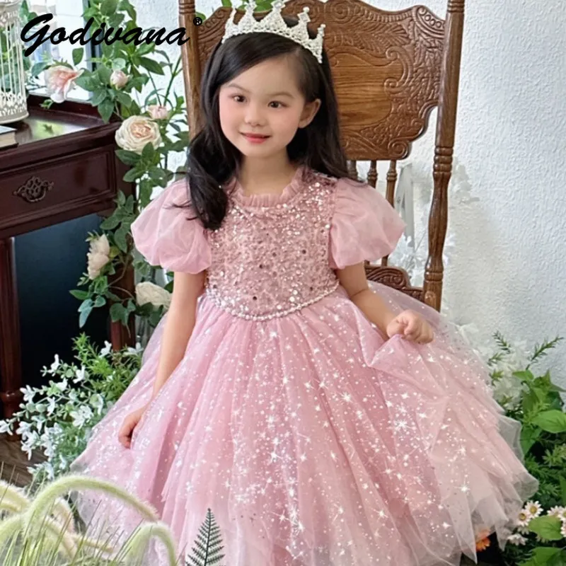 

Sweet Baby Girls Luxury Princess Dress Kids Summer New Sequin Puff Sleeve Tulle Large Hem Flower Girl Wedding Birthday Ball Gown