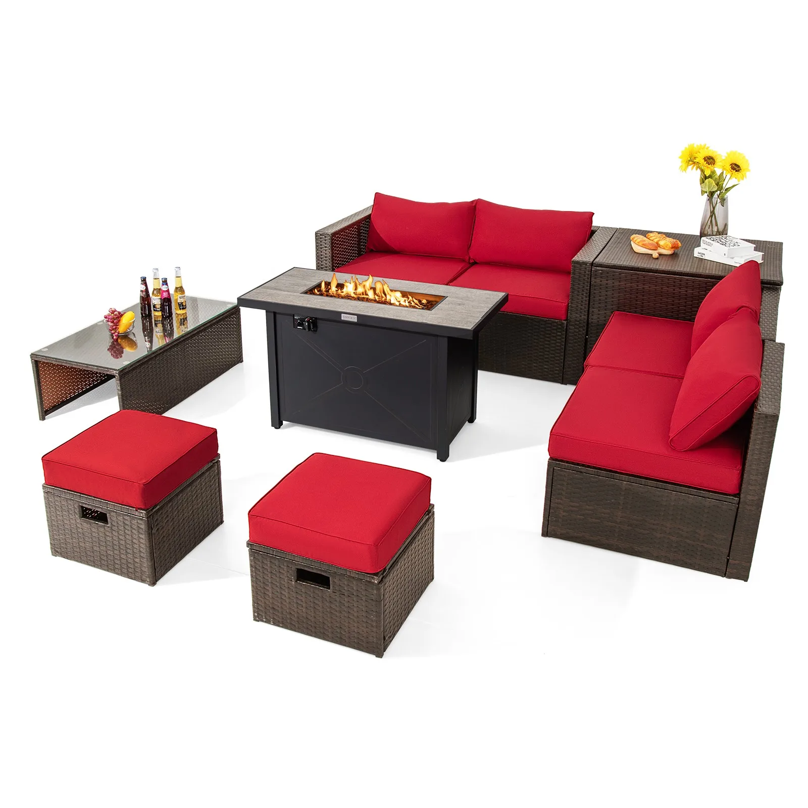 9PCS Patio Rattan Furniture Set Space Saving 42" Fire Pit Table Cover Red
